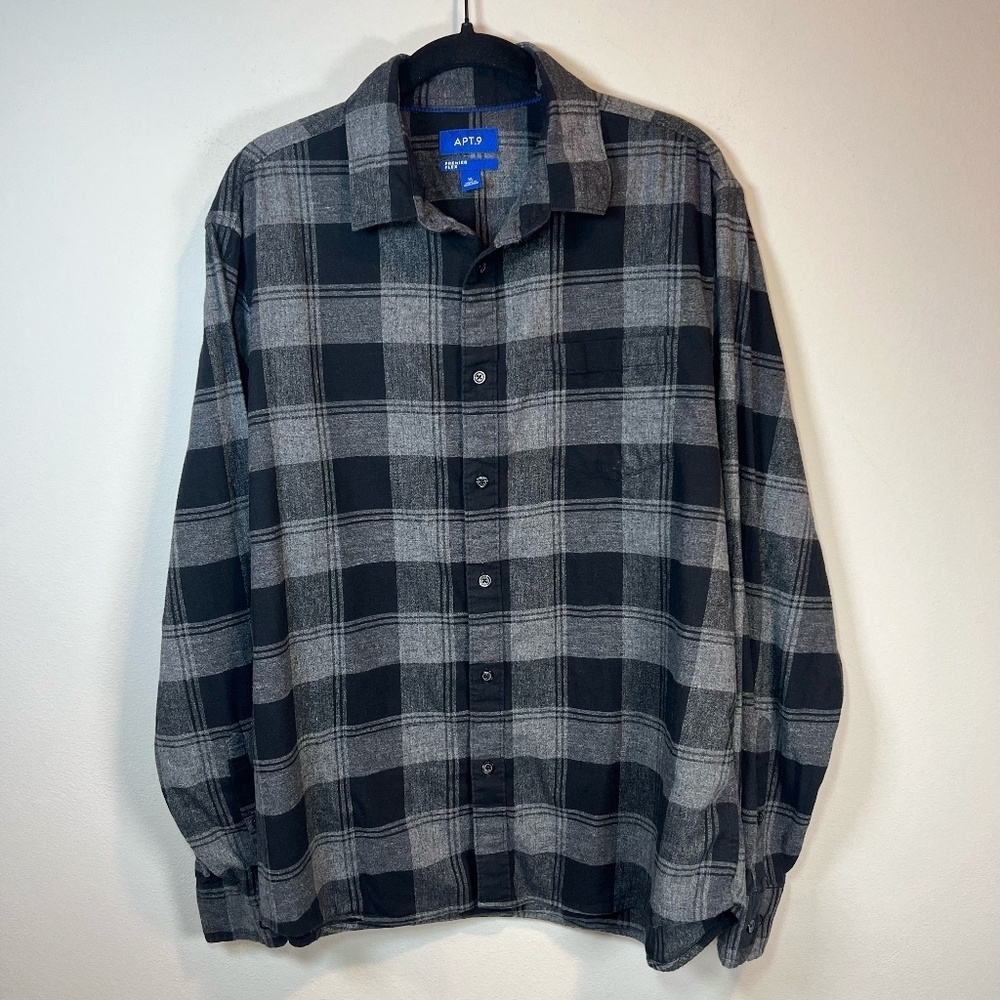 Apt. 9 Premier Flex Seriously Soft Plaid Flannel Shirt Black Gray Long Sleeve XL